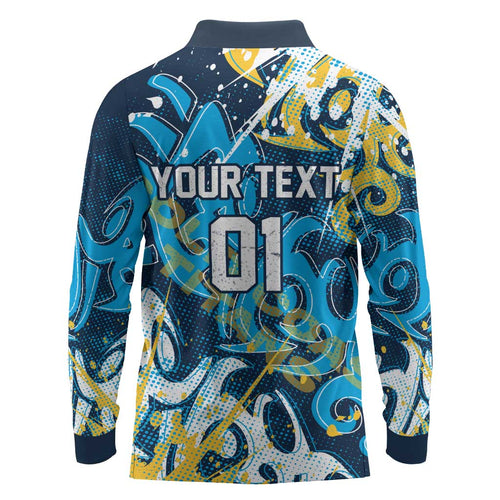 Personalized Gold Coast Titans Rugby Long Sleeve Polo Shirt Urban Street Graffiti Style - Distressed Splatter Elements