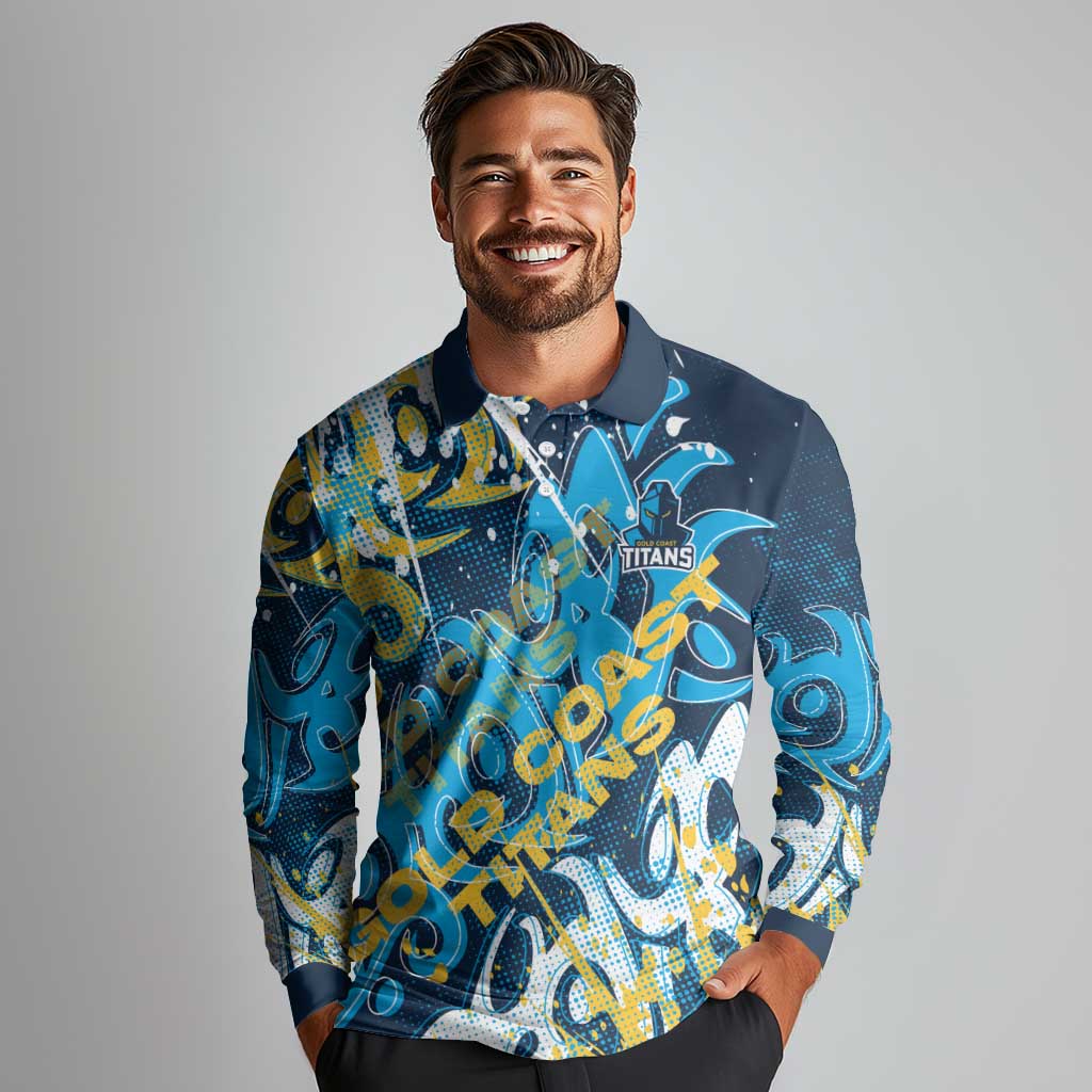 Personalized Gold Coast Titans Rugby Long Sleeve Polo Shirt Urban Street Graffiti Style - Distressed Splatter Elements