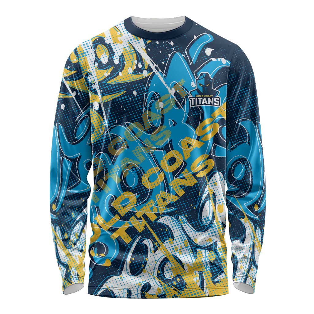 Personalized Gold Coast Titans Rugby Long Sleeve Shirt Urban Street Graffiti Style - Distressed Splatter Elements