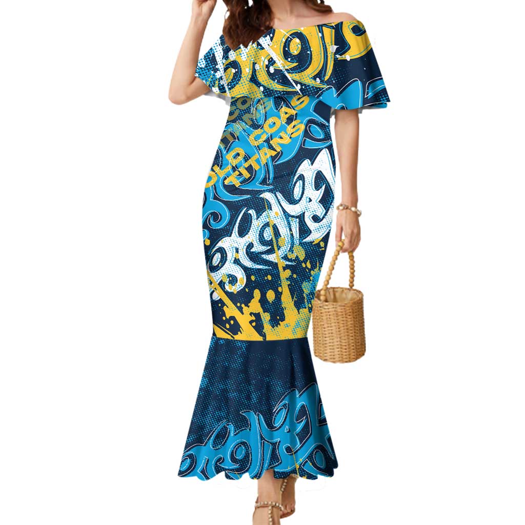 Personalized Gold Coast Titans Rugby Mermaid Dress Urban Street Graffiti Style - Distressed Splatter Elements