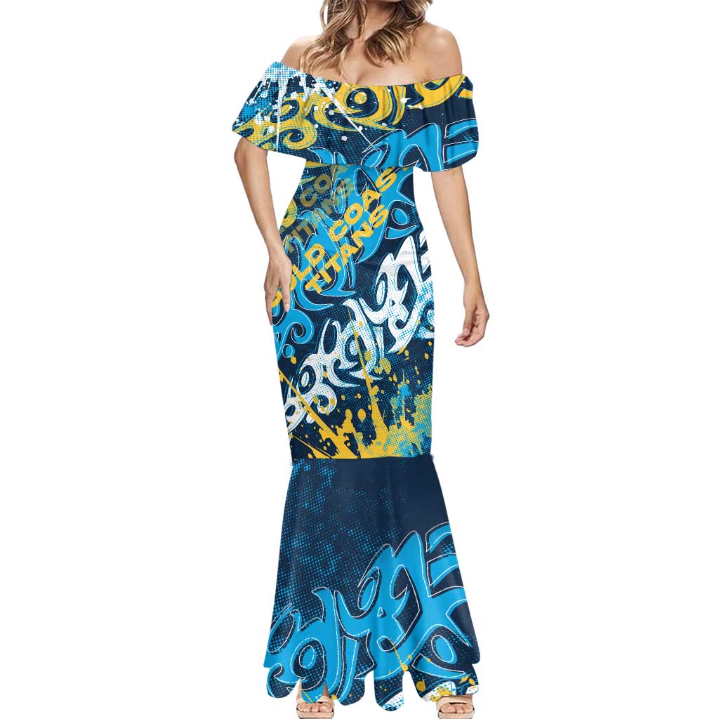 Personalized Gold Coast Titans Rugby Mermaid Dress Urban Street Graffiti Style - Distressed Splatter Elements