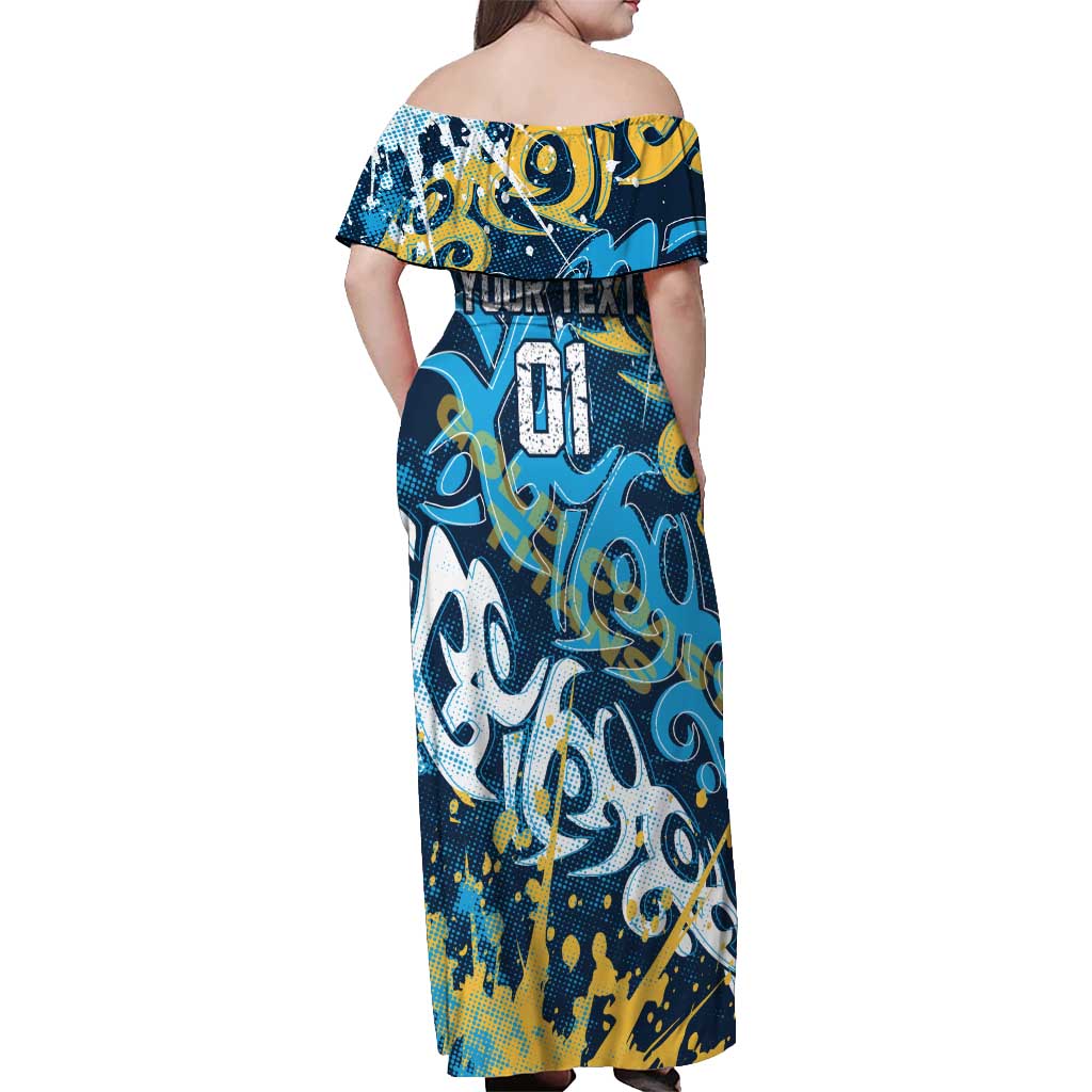 Personalized Gold Coast Titans Rugby Off Shoulder Maxi Dress Urban Street Graffiti Style - Distressed Splatter Elements