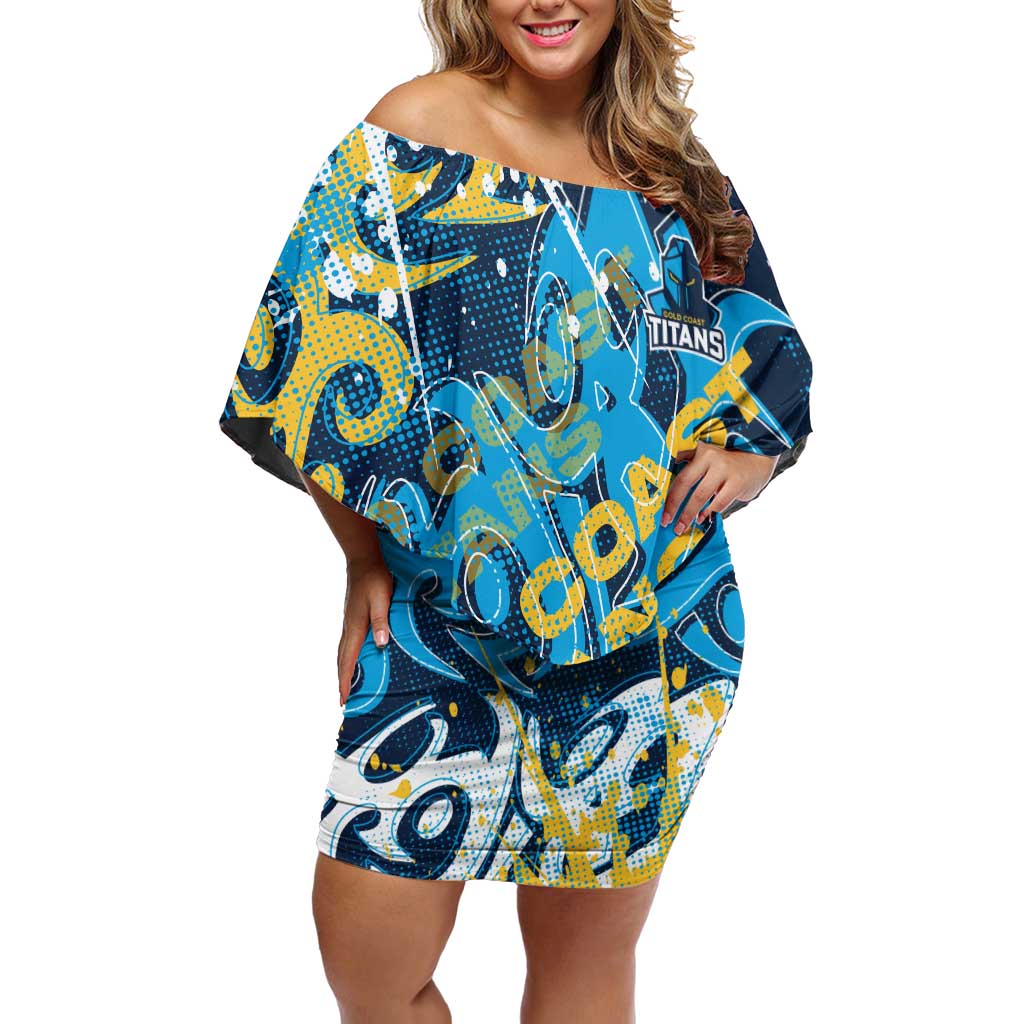 Personalized Gold Coast Titans Rugby Off Shoulder Short Dress Urban Street Graffiti Style - Distressed Splatter Elements
