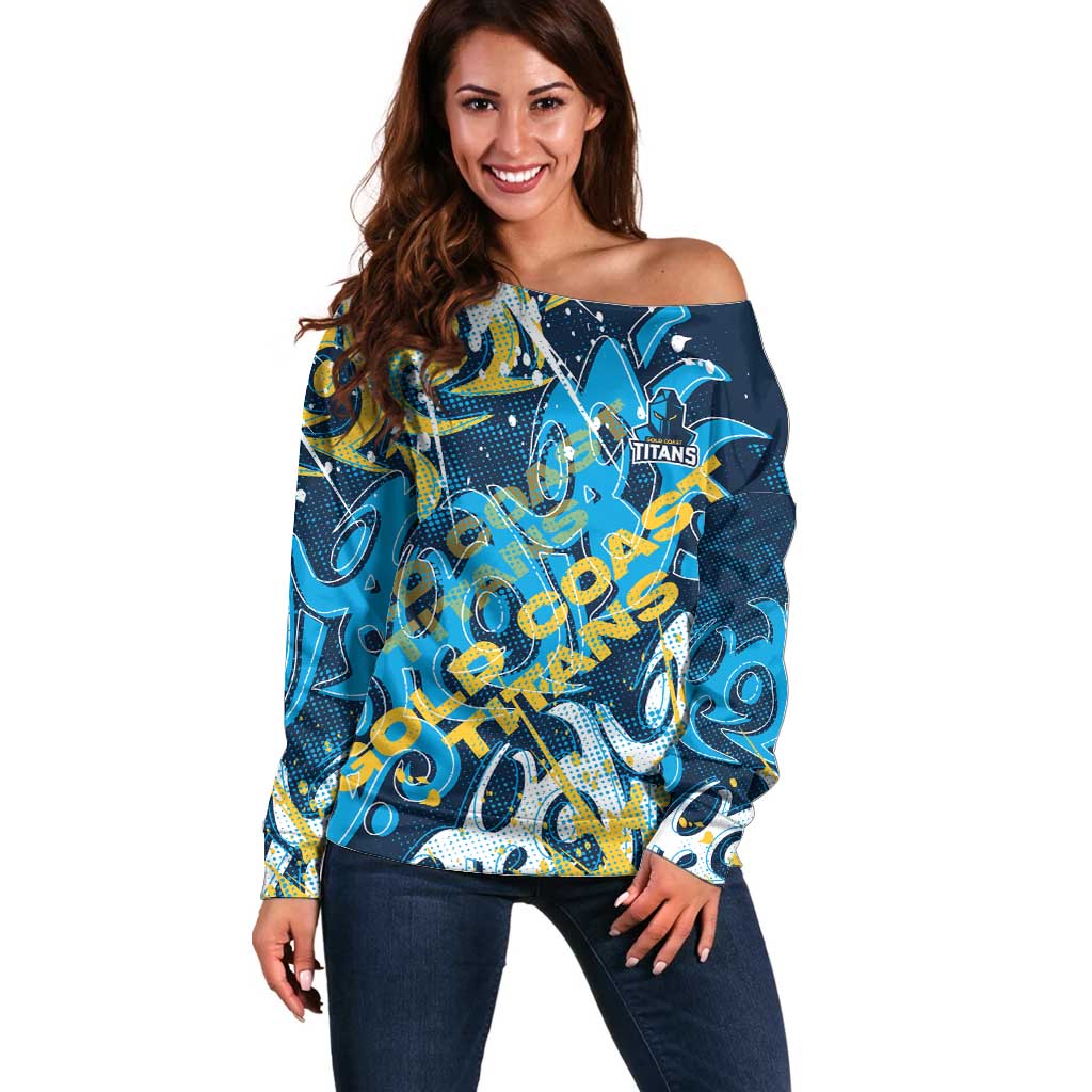 Personalized Gold Coast Titans Rugby Off Shoulder Sweater Urban Street Graffiti Style - Distressed Splatter Elements