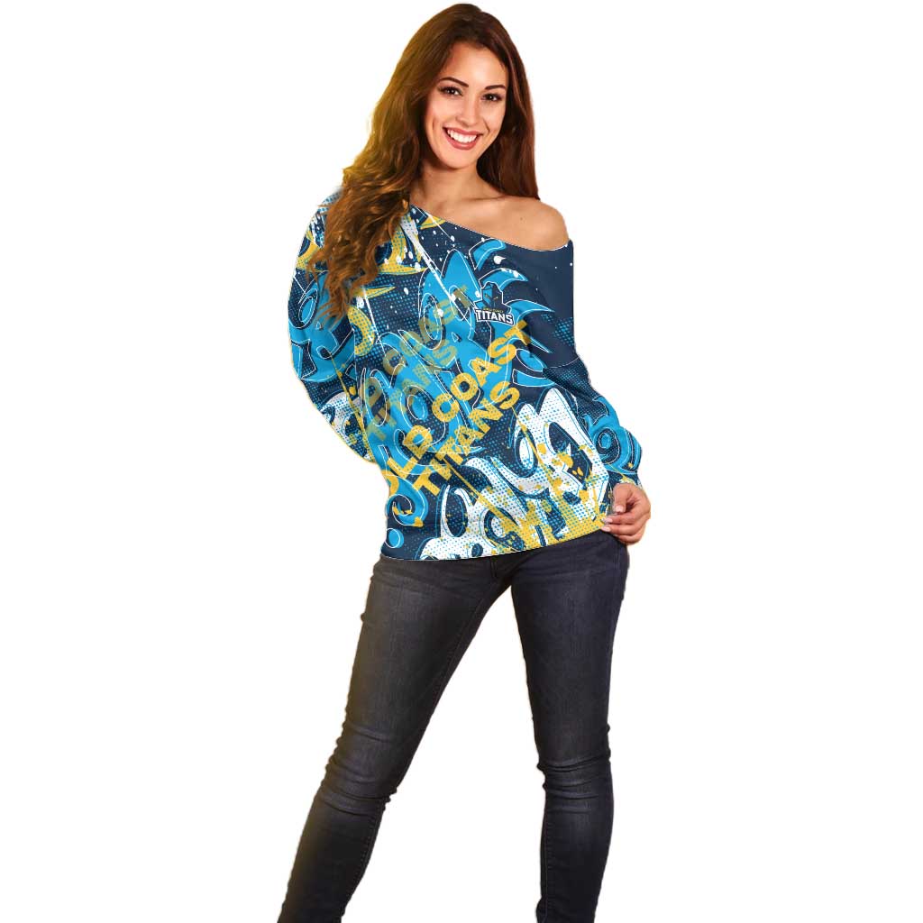 Personalized Gold Coast Titans Rugby Off Shoulder Sweater Urban Street Graffiti Style - Distressed Splatter Elements