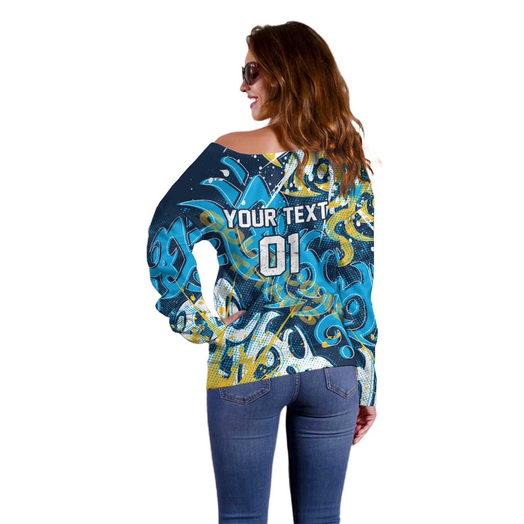 Personalized Gold Coast Titans Rugby Off Shoulder Sweater Urban Street Graffiti Style - Distressed Splatter Elements