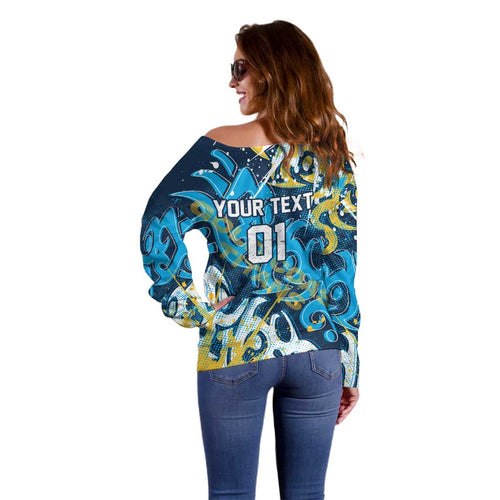 Personalized Gold Coast Titans Rugby Off Shoulder Sweater Urban Street Graffiti Style - Distressed Splatter Elements