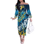 Personalized Gold Coast Titans Rugby Off The Shoulder Long Sleeve Dress Urban Street Graffiti Style - Distressed Splatter Elements