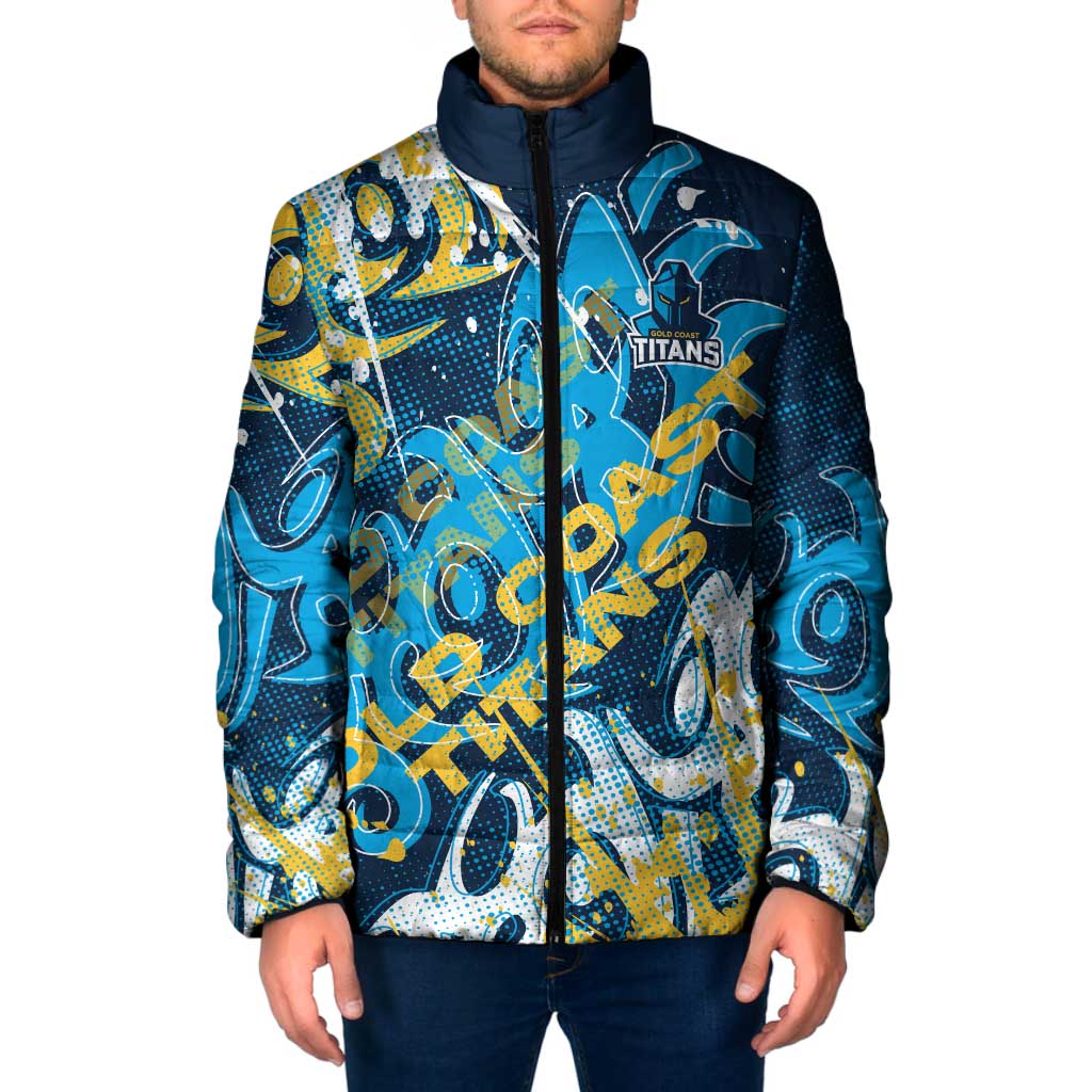 Personalized Gold Coast Titans Rugby Padded Jacket Urban Street Graffiti Style - Distressed Splatter Elements