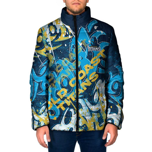Personalized Gold Coast Titans Rugby Padded Jacket Urban Street Graffiti Style - Distressed Splatter Elements