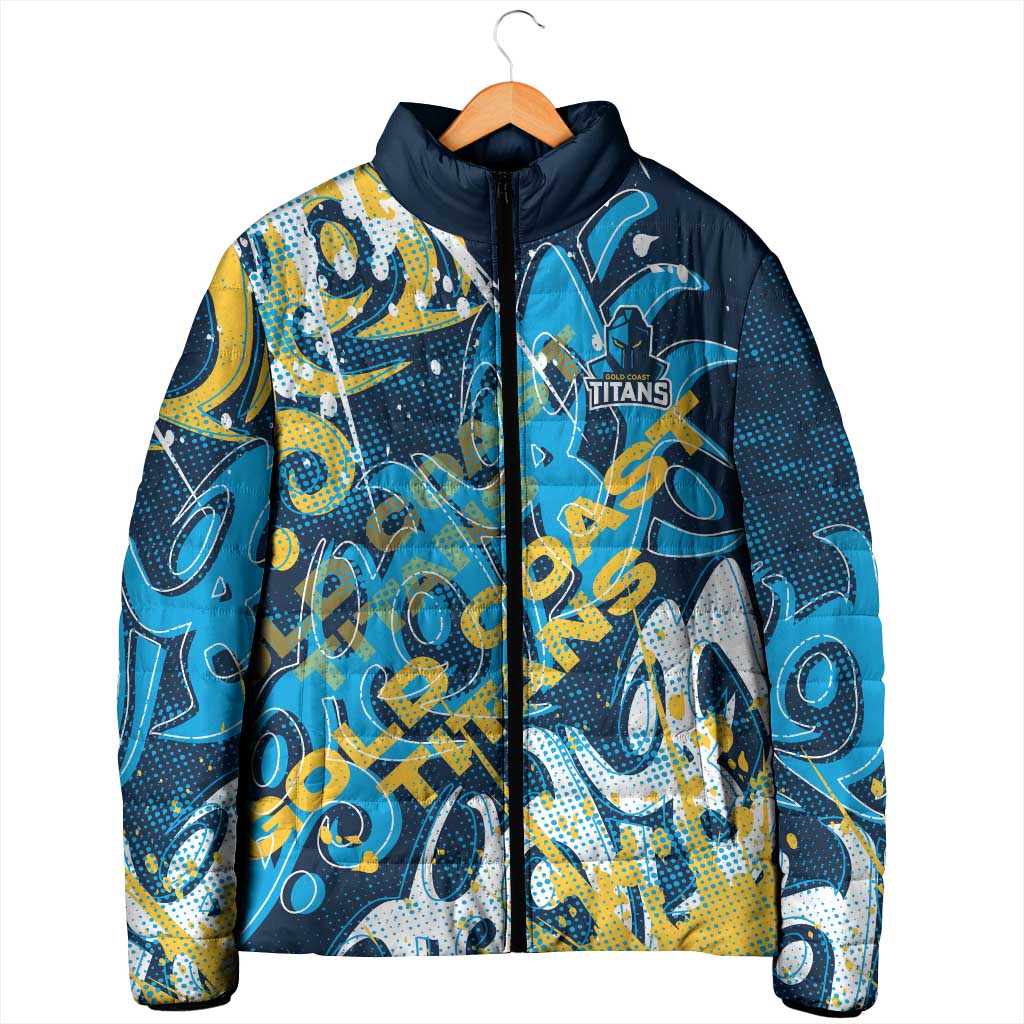 Personalized Gold Coast Titans Rugby Padded Jacket Urban Street Graffiti Style - Distressed Splatter Elements