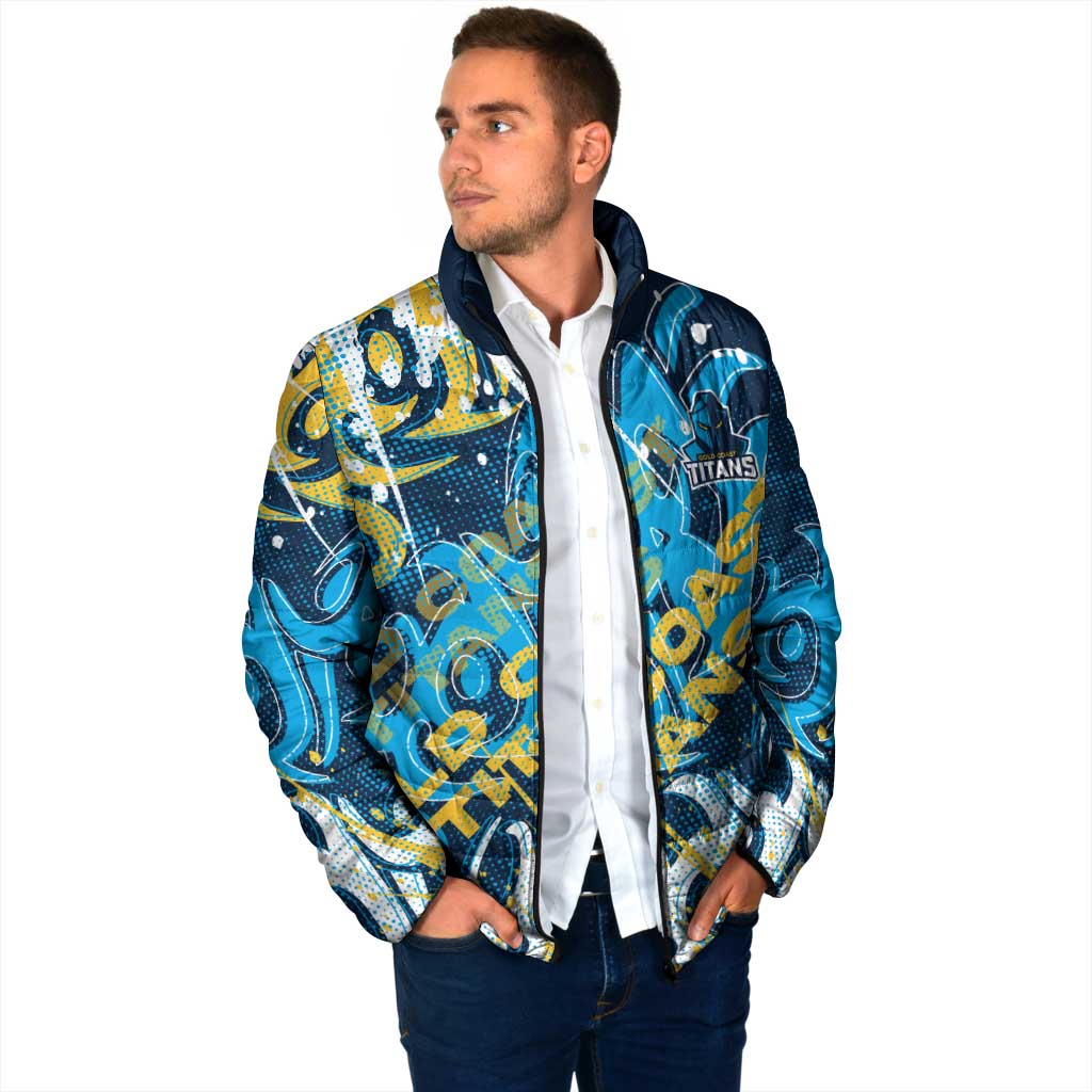 Personalized Gold Coast Titans Rugby Padded Jacket Urban Street Graffiti Style - Distressed Splatter Elements