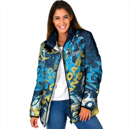 Personalized Gold Coast Titans Rugby Padded Jacket Urban Street Graffiti Style - Distressed Splatter Elements