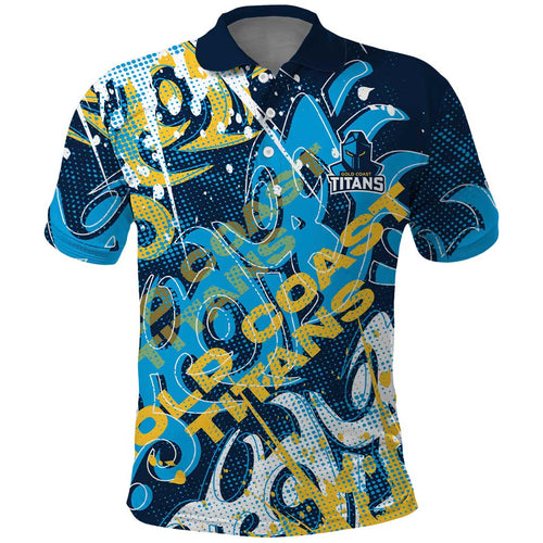 Personalized Gold Coast Titans Rugby Polo Shirt Urban Street Graffiti Style - Distressed Splatter Elements