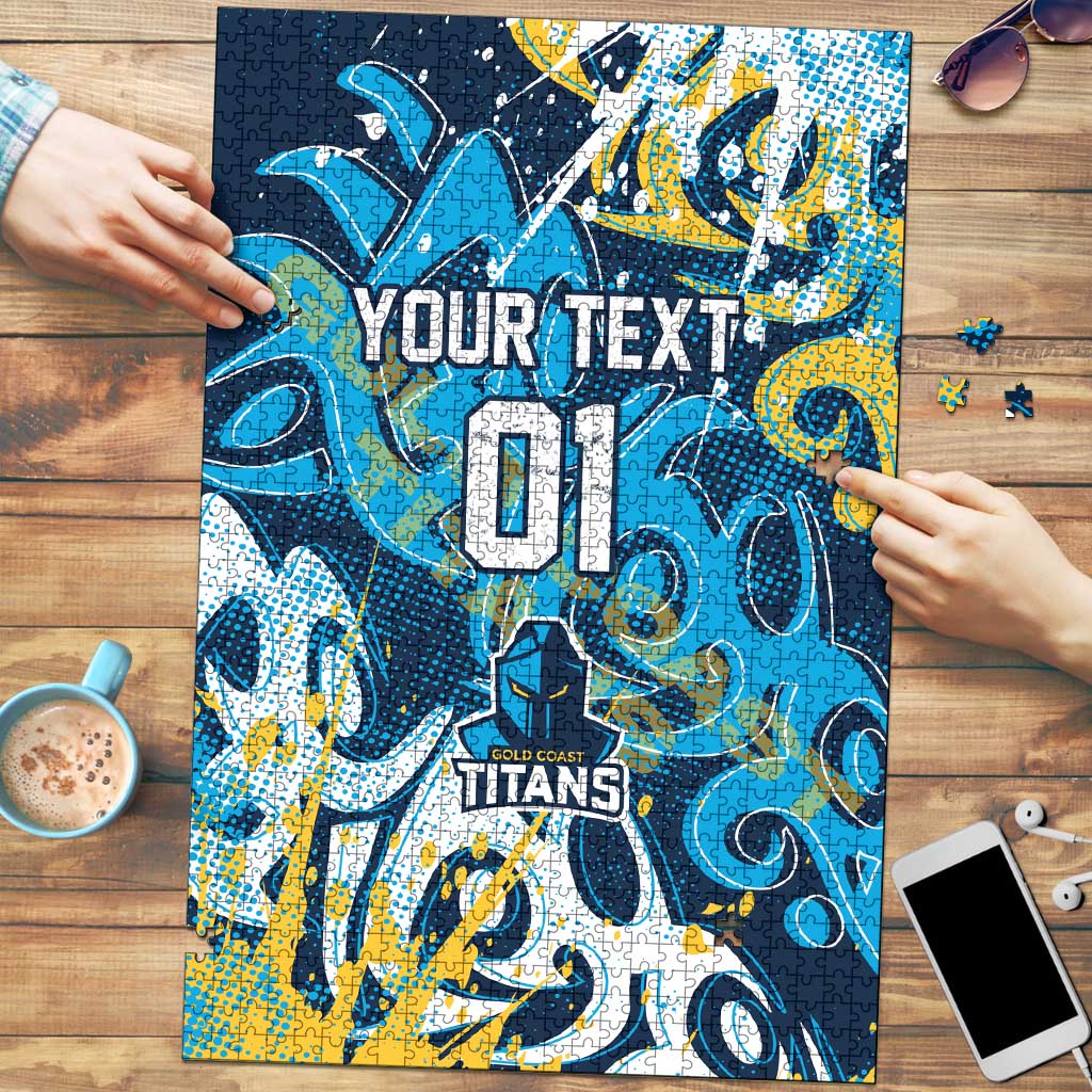 Personalized Gold Coast Titans Rugby Puzzle Urban Street Graffiti Style - Distressed Splatter Elements