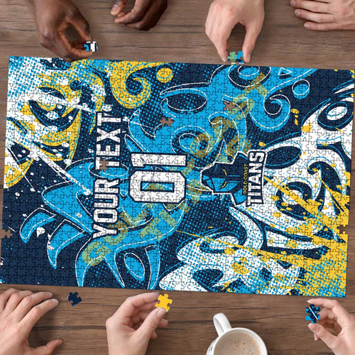 Personalized Gold Coast Titans Rugby Puzzle Urban Street Graffiti Style - Distressed Splatter Elements
