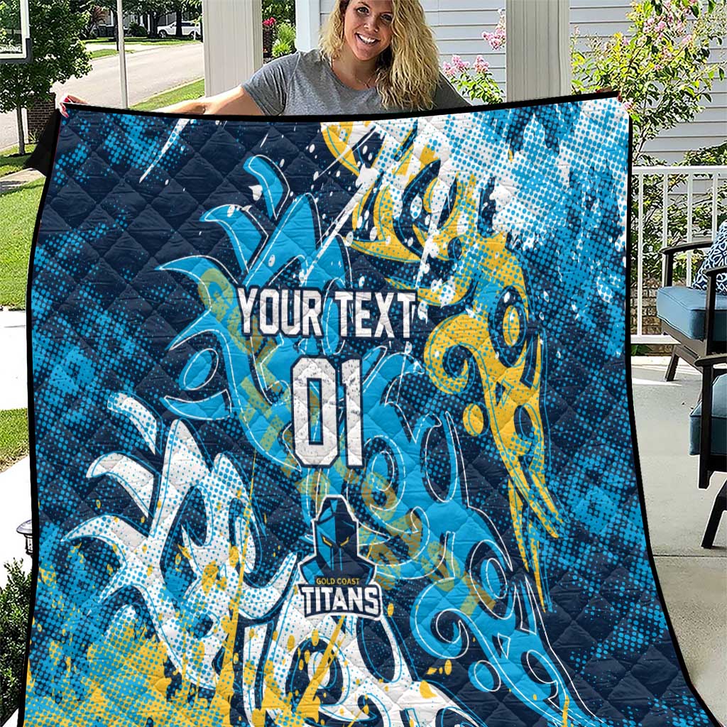 Personalized Gold Coast Titans Rugby Quilt Urban Street Graffiti Style - Distressed Splatter Elements