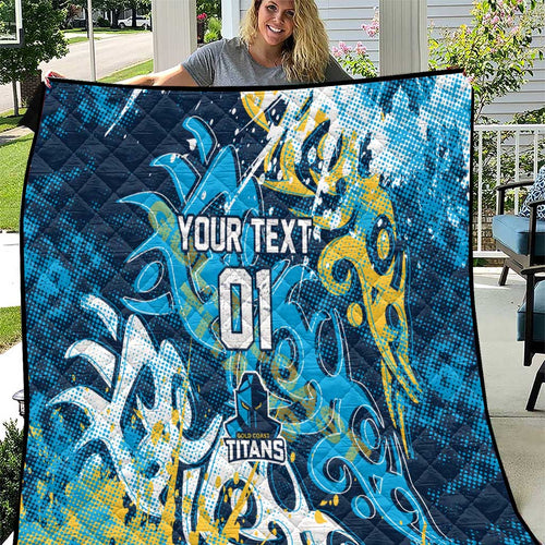 Personalized Gold Coast Titans Rugby Quilt Urban Street Graffiti Style - Distressed Splatter Elements