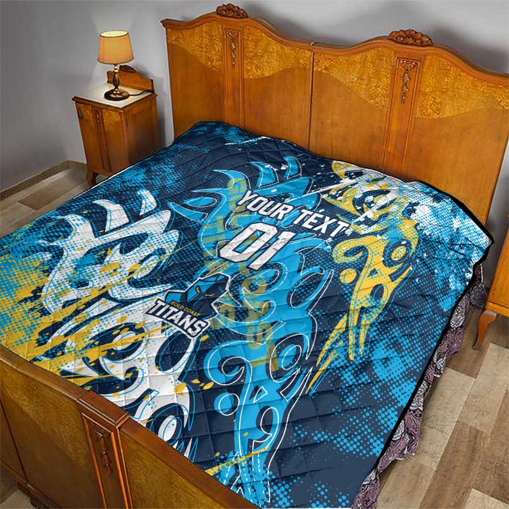Personalized Gold Coast Titans Rugby Quilt Urban Street Graffiti Style - Distressed Splatter Elements