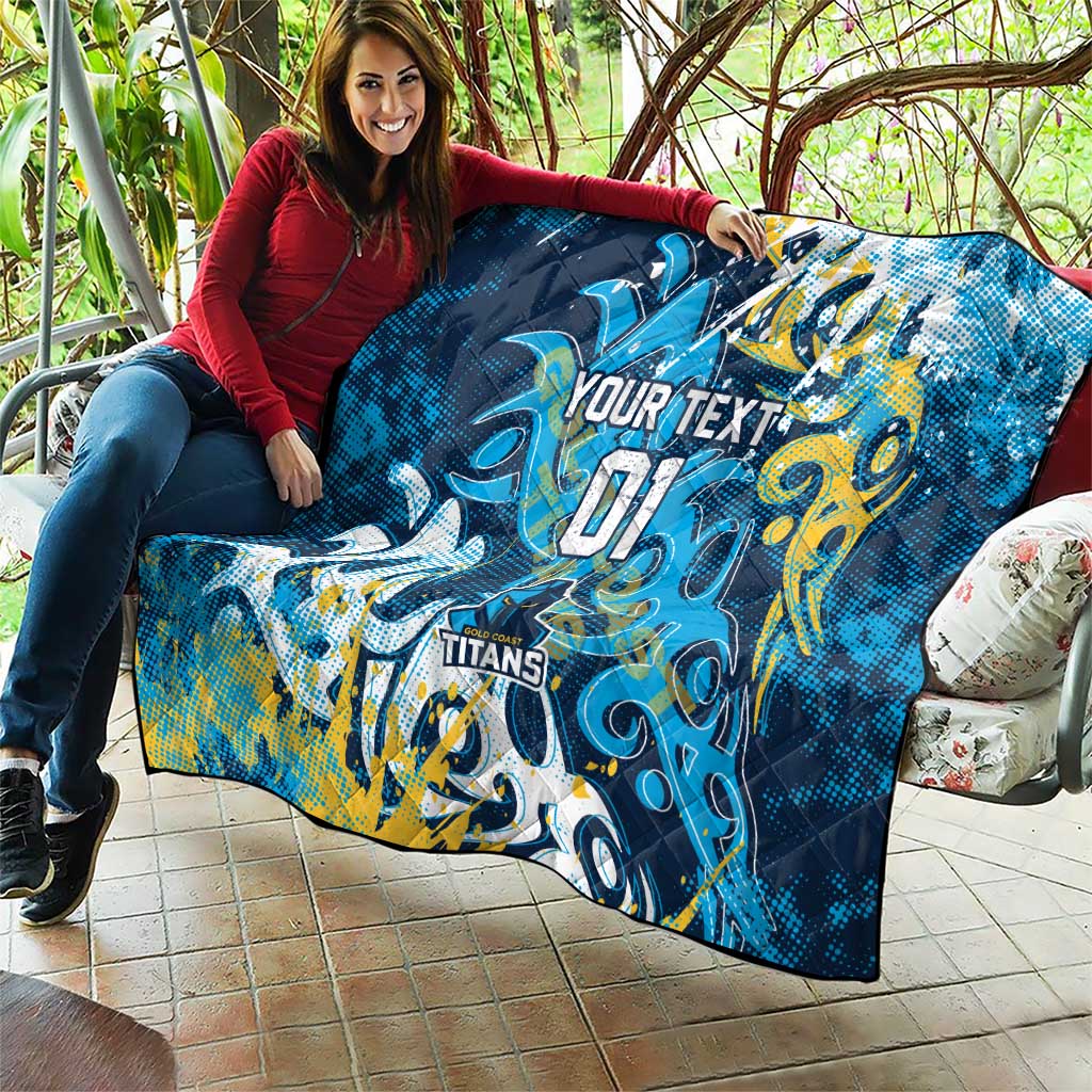 Personalized Gold Coast Titans Rugby Quilt Urban Street Graffiti Style - Distressed Splatter Elements