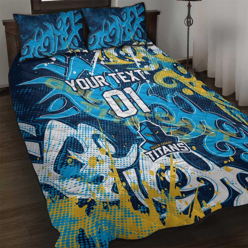 Personalized Gold Coast Titans Rugby Quilt Bed Set Urban Street Graffiti Style - Distressed Splatter Elements