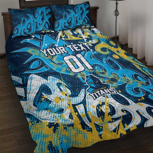 Personalized Gold Coast Titans Rugby Quilt Bed Set Urban Street Graffiti Style - Distressed Splatter Elements