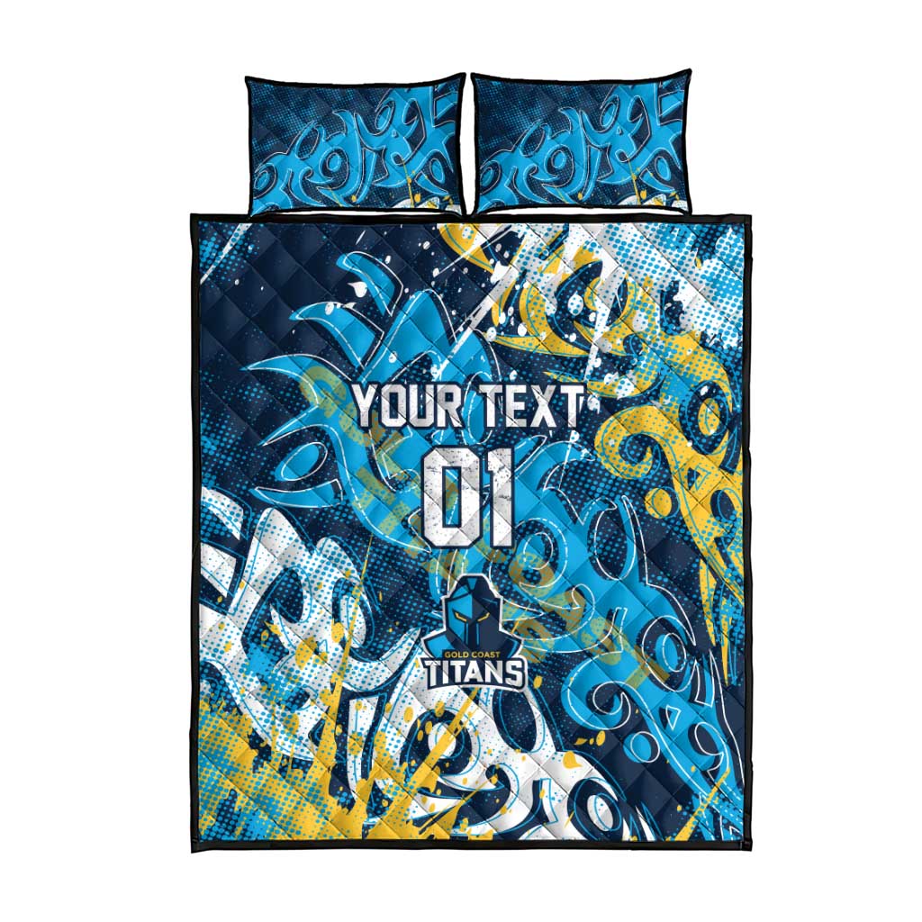 Personalized Gold Coast Titans Rugby Quilt Bed Set Urban Street Graffiti Style - Distressed Splatter Elements