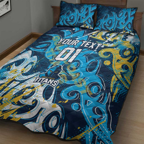 Personalized Gold Coast Titans Rugby Quilt Bed Set Urban Street Graffiti Style - Distressed Splatter Elements
