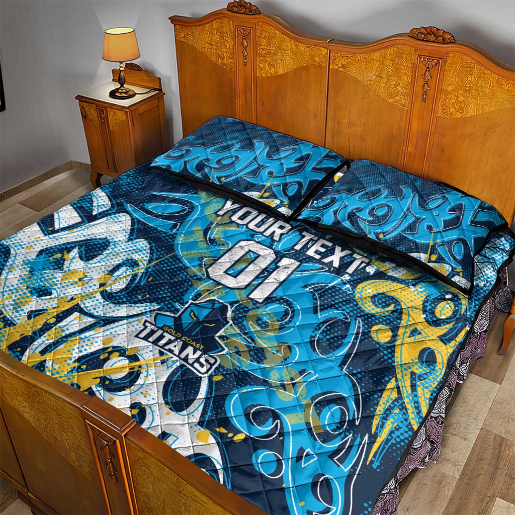 Personalized Gold Coast Titans Rugby Quilt Bed Set Urban Street Graffiti Style - Distressed Splatter Elements
