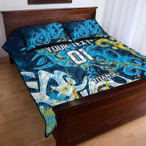 Personalized Gold Coast Titans Rugby Quilt Bed Set Urban Street Graffiti Style - Distressed Splatter Elements
