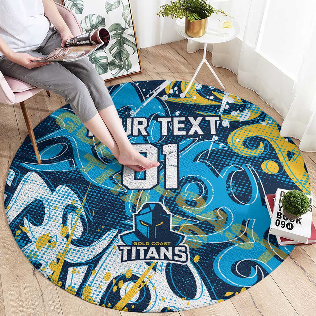 Personalized Gold Coast Titans Rugby Round Carpet Urban Street Graffiti Style - Distressed Splatter Elements