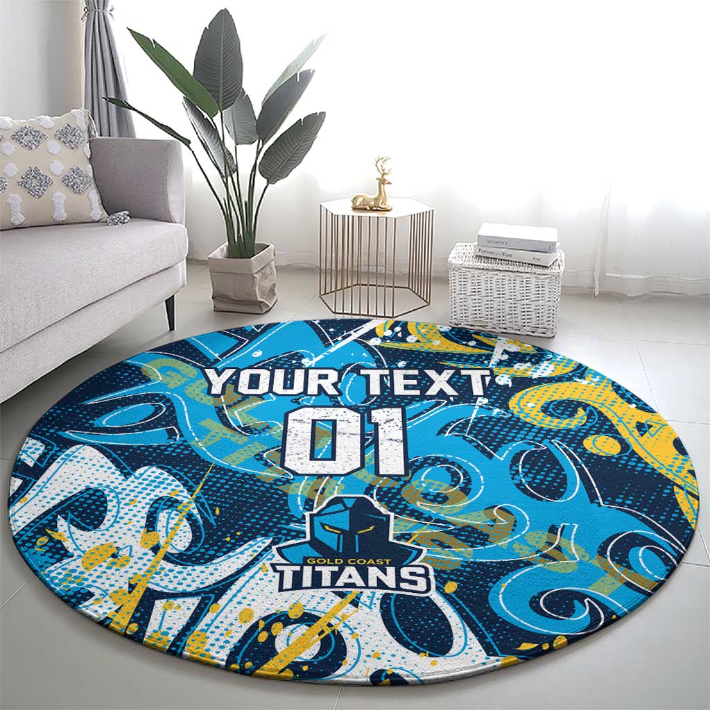 Personalized Gold Coast Titans Rugby Round Carpet Urban Street Graffiti Style - Distressed Splatter Elements