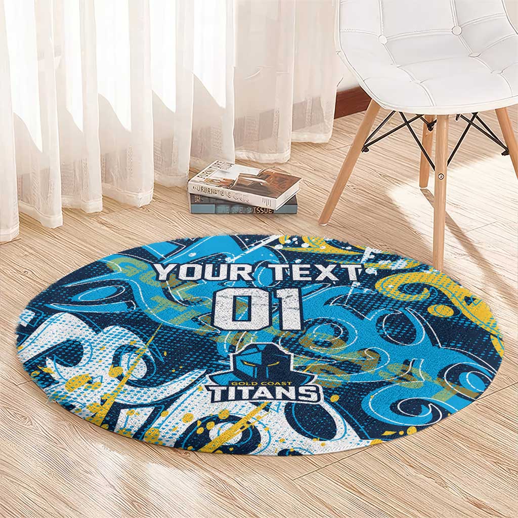 Personalized Gold Coast Titans Rugby Round Carpet Urban Street Graffiti Style - Distressed Splatter Elements