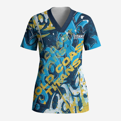 Personalized Gold Coast Titans Rugby Scrub Top Urban Street Graffiti Style - Distressed Splatter Elements