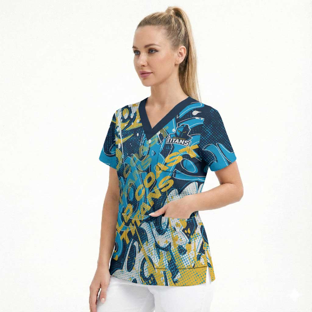 Personalized Gold Coast Titans Rugby Scrub Top Urban Street Graffiti Style - Distressed Splatter Elements
