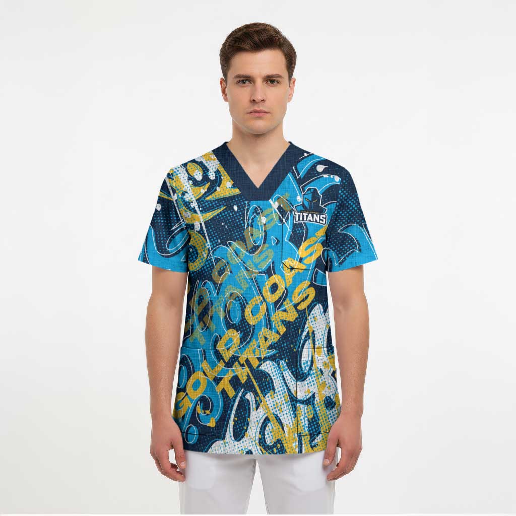 Personalized Gold Coast Titans Rugby Scrub Top Urban Street Graffiti Style - Distressed Splatter Elements