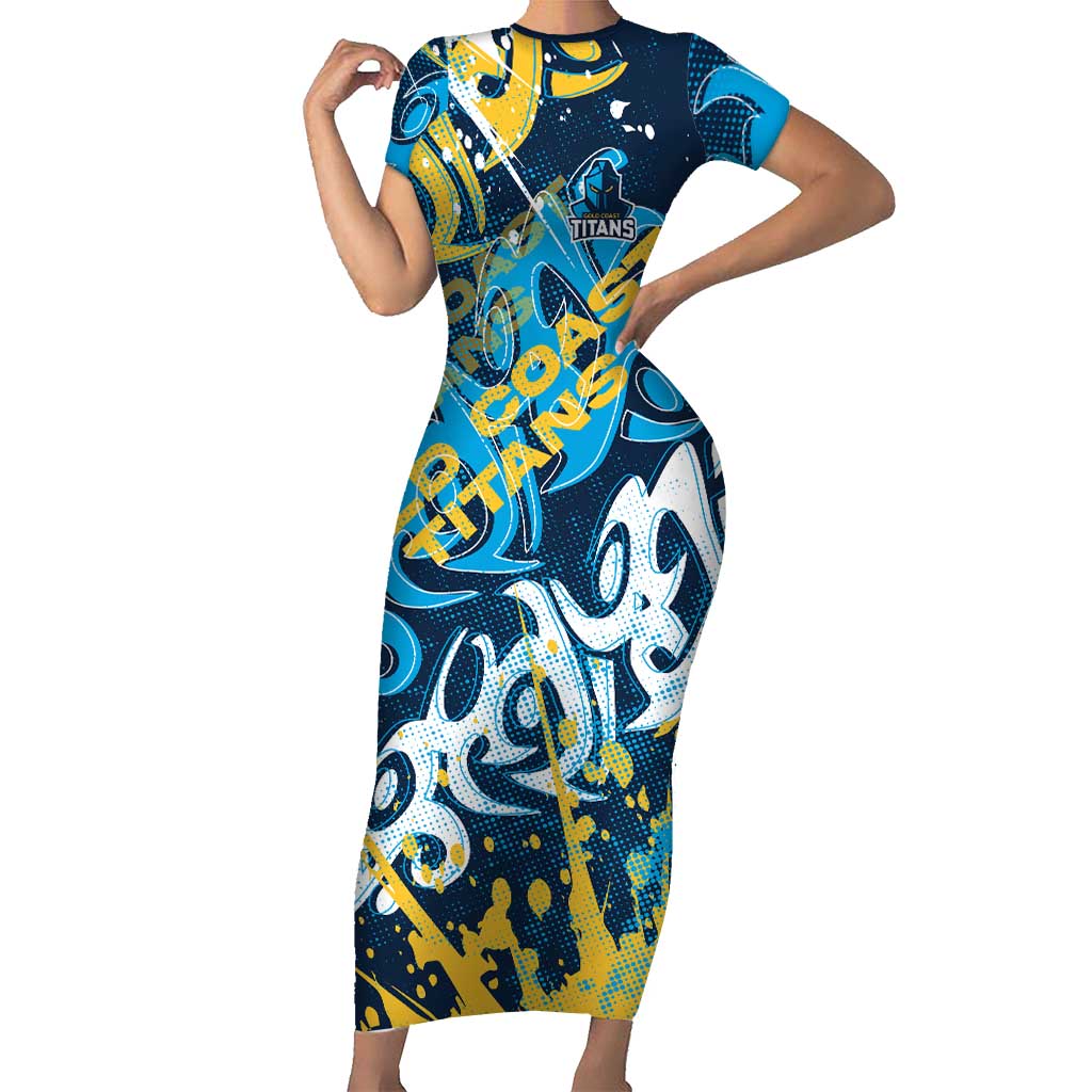 Personalized Gold Coast Titans Rugby Short Sleeve Bodycon Dress Urban Street Graffiti Style - Distressed Splatter Elements