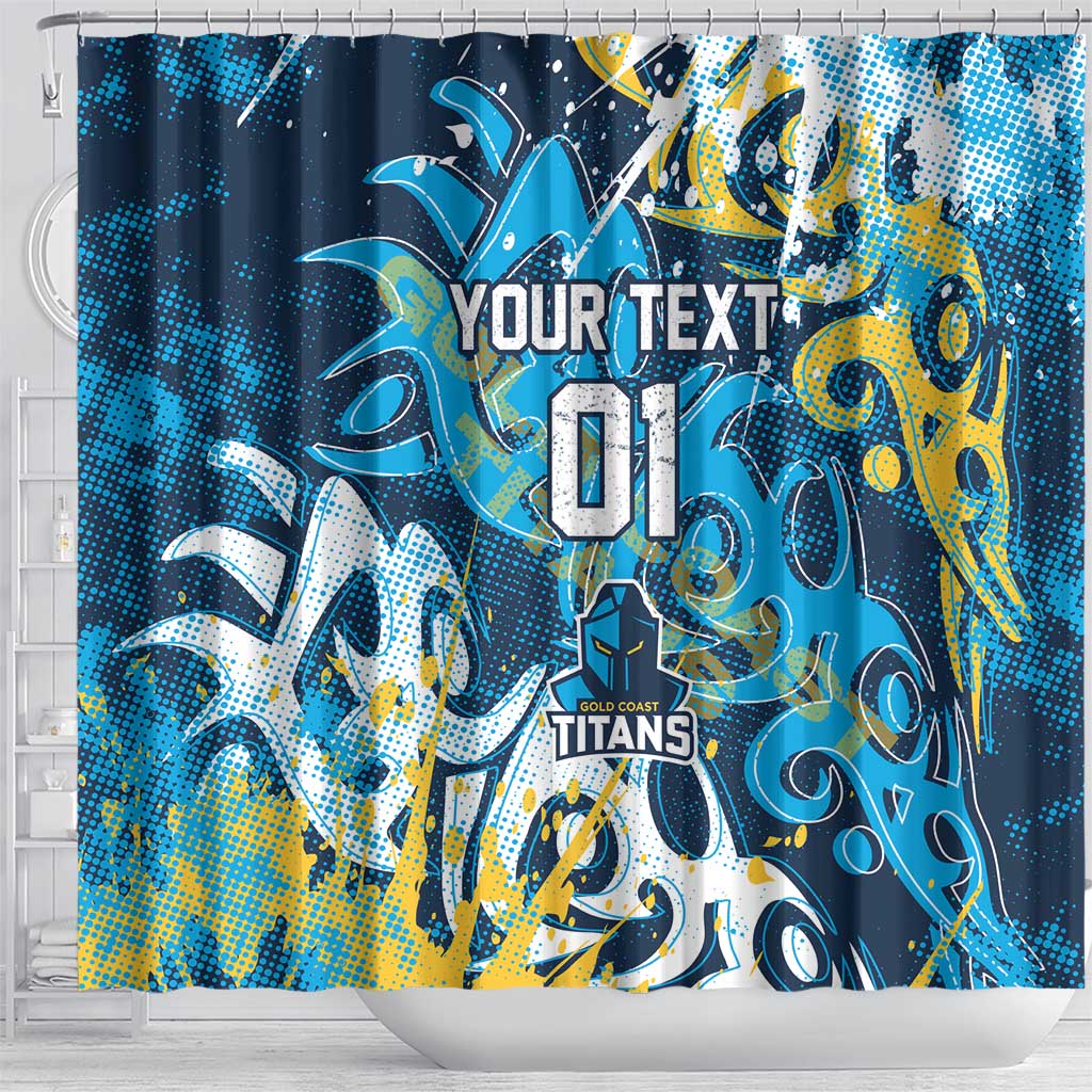 Personalized Gold Coast Titans Rugby Shower Curtain Urban Street Graffiti Style - Distressed Splatter Elements