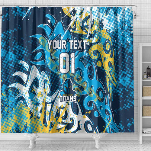 Personalized Gold Coast Titans Rugby Shower Curtain Urban Street Graffiti Style - Distressed Splatter Elements