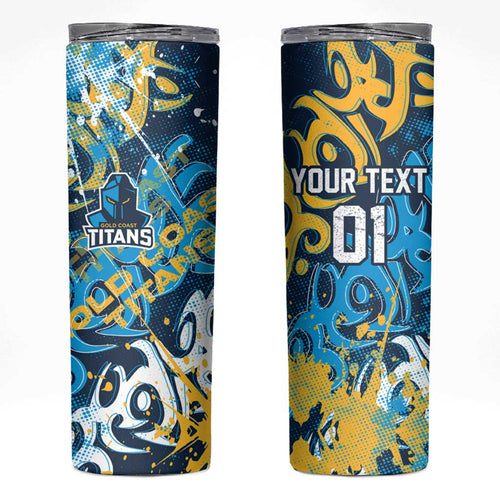 Personalized Gold Coast Titans Rugby Skinny Tumbler Urban Street Graffiti Style - Distressed Splatter Elements