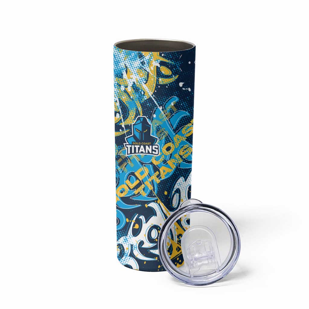 Personalized Gold Coast Titans Rugby Skinny Tumbler Urban Street Graffiti Style - Distressed Splatter Elements