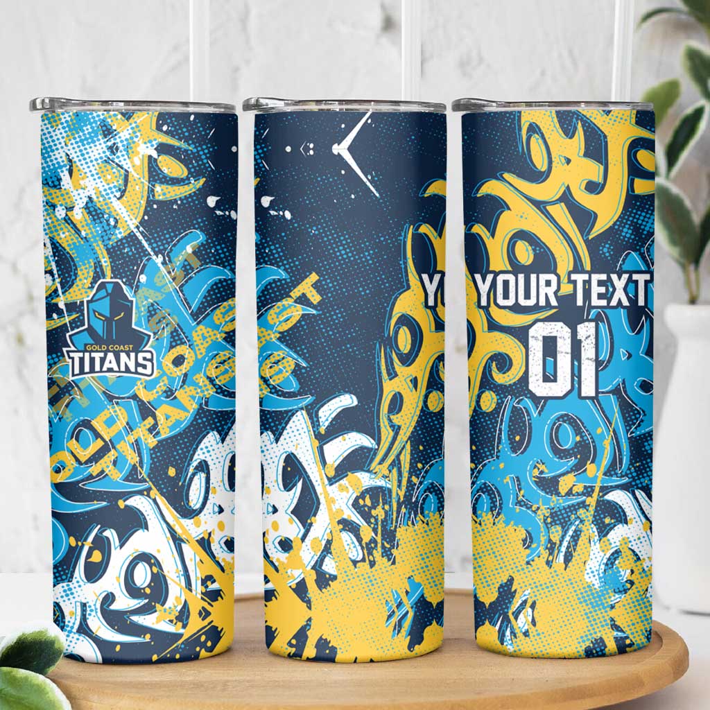 Personalized Gold Coast Titans Rugby Skinny Tumbler Urban Street Graffiti Style - Distressed Splatter Elements