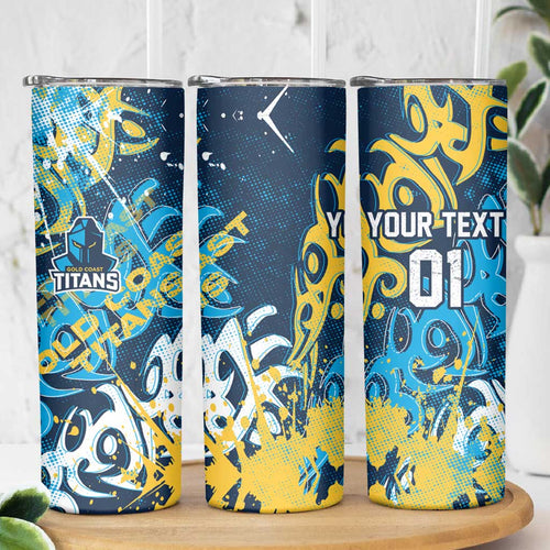 Personalized Gold Coast Titans Rugby Skinny Tumbler Urban Street Graffiti Style - Distressed Splatter Elements