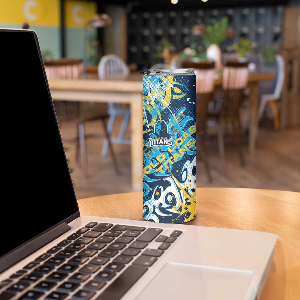 Personalized Gold Coast Titans Rugby Skinny Tumbler Urban Street Graffiti Style - Distressed Splatter Elements