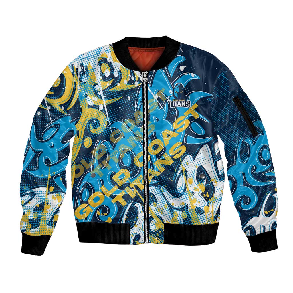 Personalized Gold Coast Titans Rugby Sleeve Zip Bomber Jacket Urban Street Graffiti Style - Distressed Splatter Elements