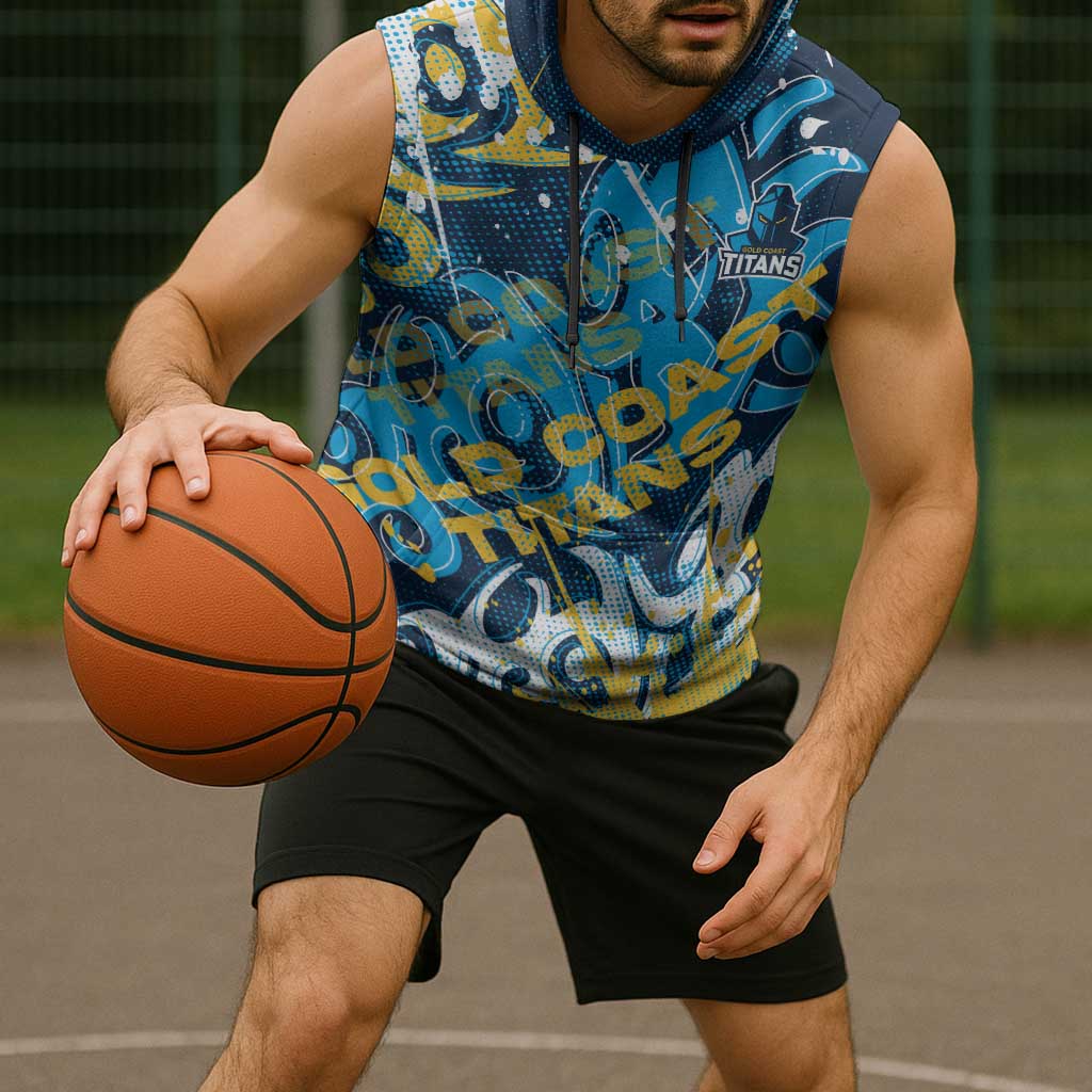 Personalized Gold Coast Titans Rugby Sleeveless Hoodie Urban Street Graffiti Style - Distressed Splatter Elements