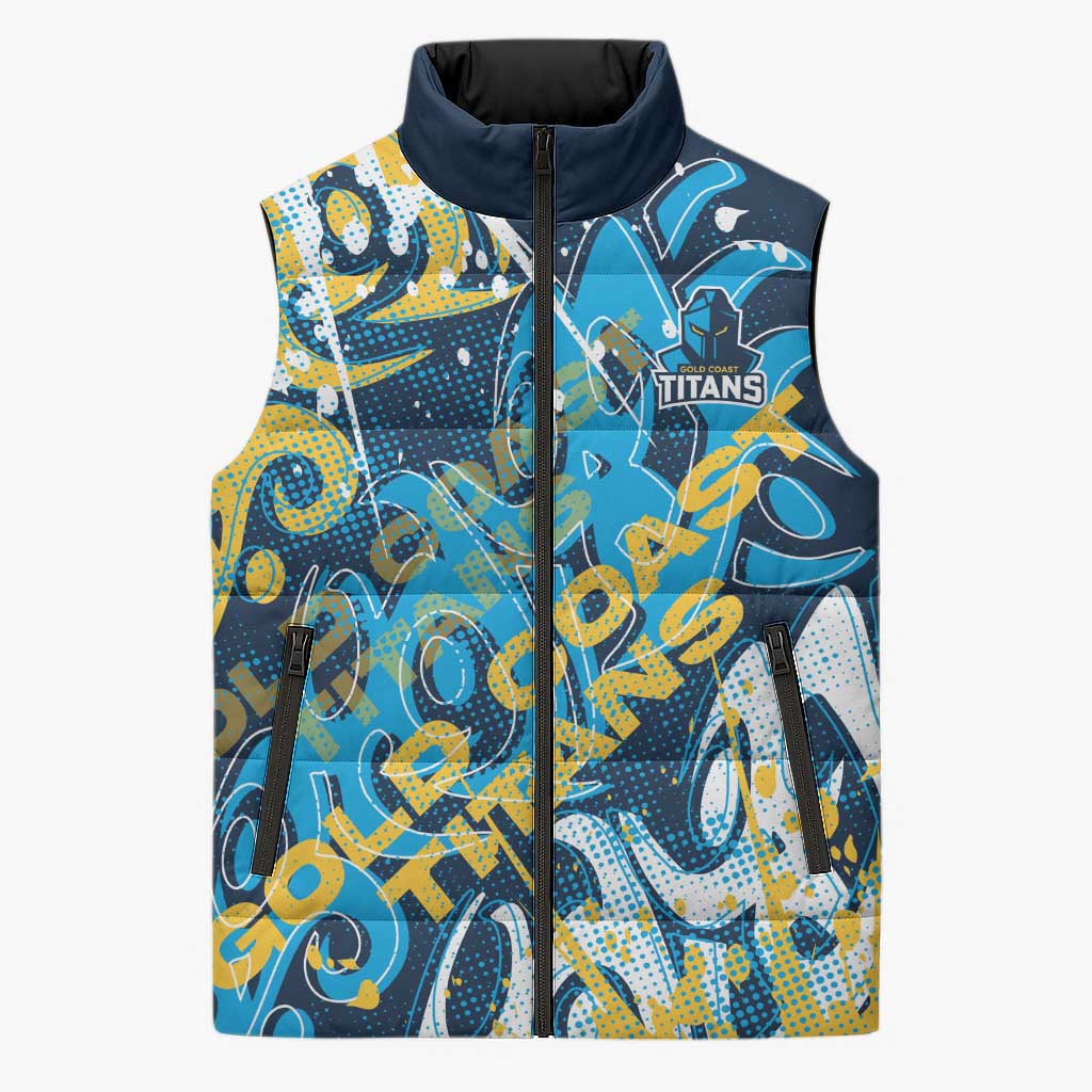 Personalized Gold Coast Titans Rugby Sleeveless Puffer Jacket Urban Street Graffiti Style - Distressed Splatter Elements