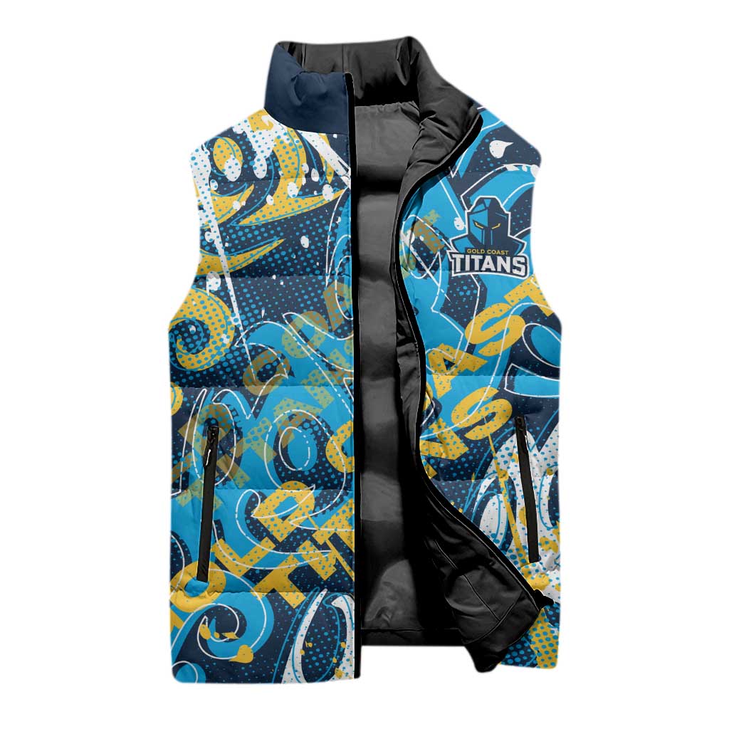 Personalized Gold Coast Titans Rugby Sleeveless Puffer Jacket Urban Street Graffiti Style - Distressed Splatter Elements