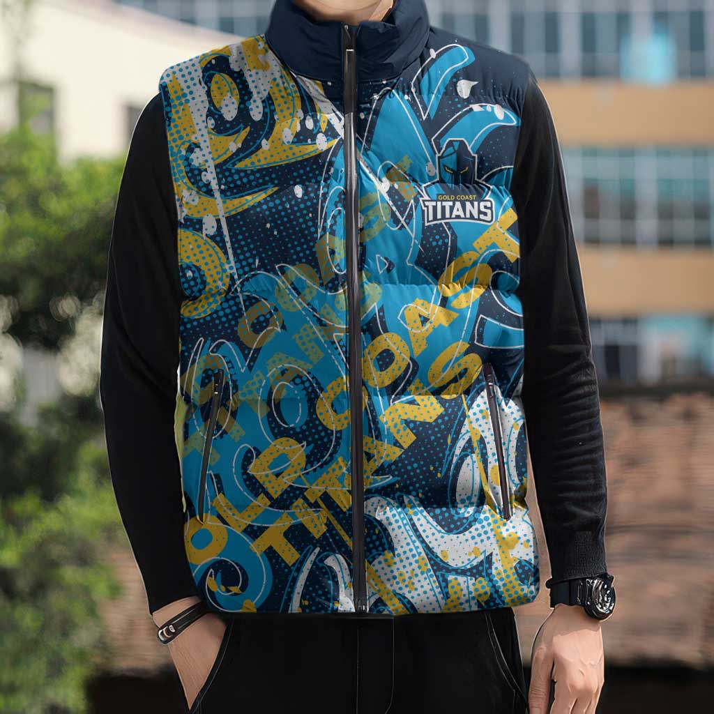 Personalized Gold Coast Titans Rugby Sleeveless Puffer Jacket Urban Street Graffiti Style - Distressed Splatter Elements