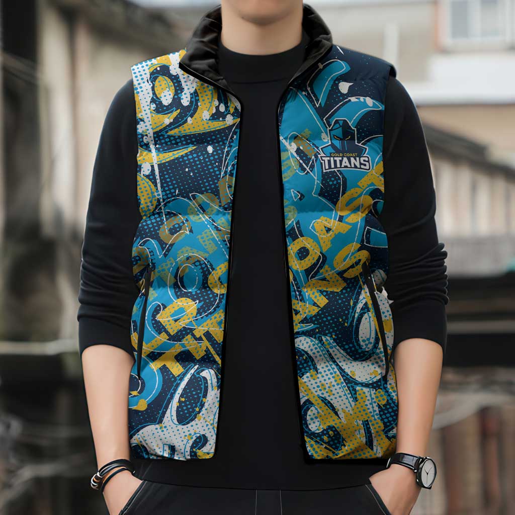 Personalized Gold Coast Titans Rugby Sleeveless Puffer Jacket Urban Street Graffiti Style - Distressed Splatter Elements
